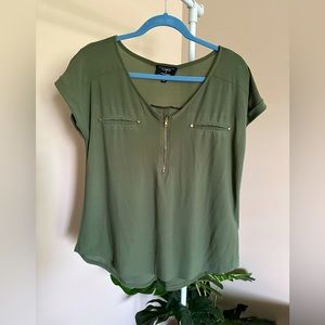 Flower & Feathers V Neck Blouse Top Olive Green